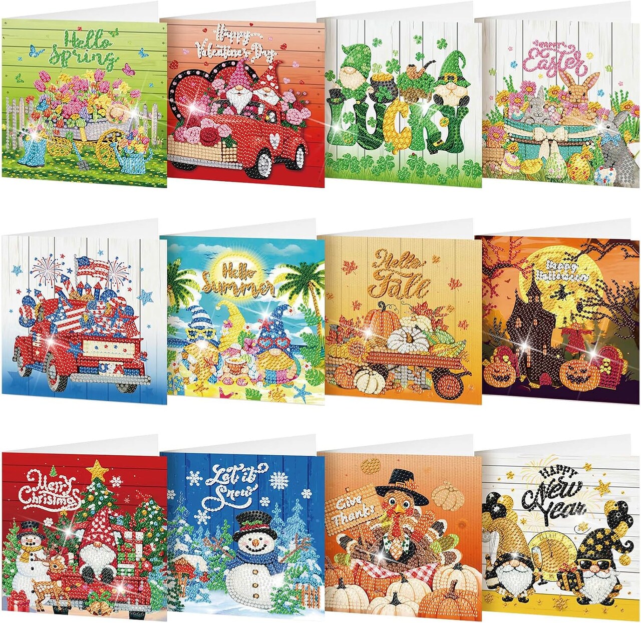 12-Pack Holiday Diamond Painting Greeting Card Kit – DIY 5D Rhinestone Seasonal Cards with Envelopes for Adults, Family & Friends